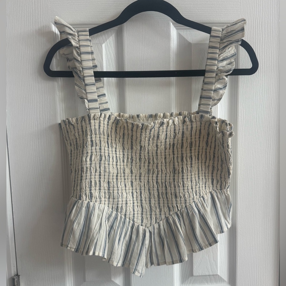 AMERICAN EAGLE Smocked Striped Cotton Ruffle Crop Top Size Medium